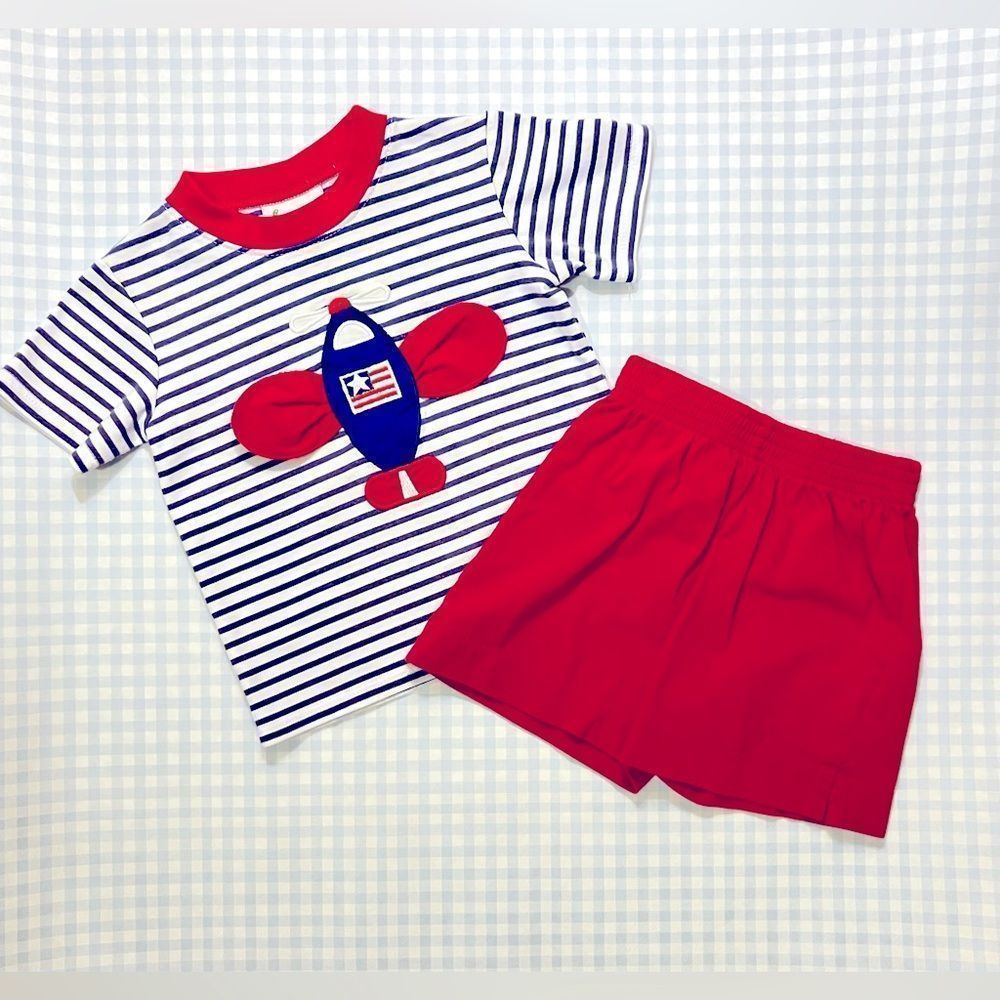 Boy (12m) Red, White, and Blue Airplane matching set ✈️❤️🤍💙